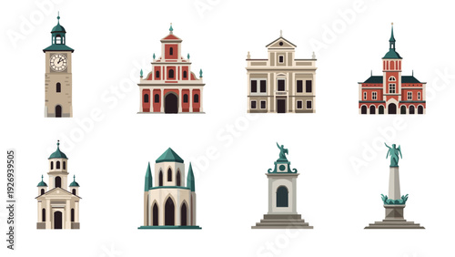 set of eight hand drawn historic european buildings landmarks and monuments illustrations