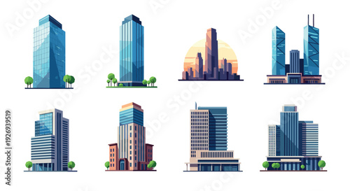 set of modern city skyscraper buildings in flat style urban architecture icons collection