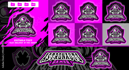 Modern astronauts gamer e-sports sports mascot with shield emblem logo. Space in helmet in controller, editable vector illustration, Premium quality.