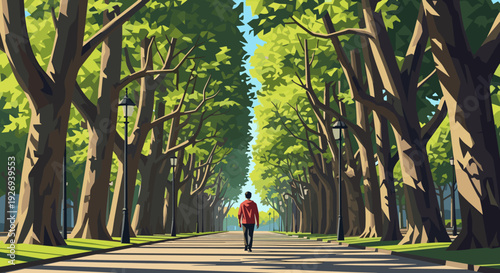 man walking down tree lined avenue in park vector illustration with vibrant colors and modern style