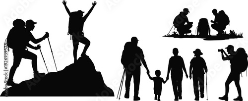 Collection of hiker silhouettes featuring groups, families, and individuals trekking with backpacks, reaching summits, and taking photographs outdoors.