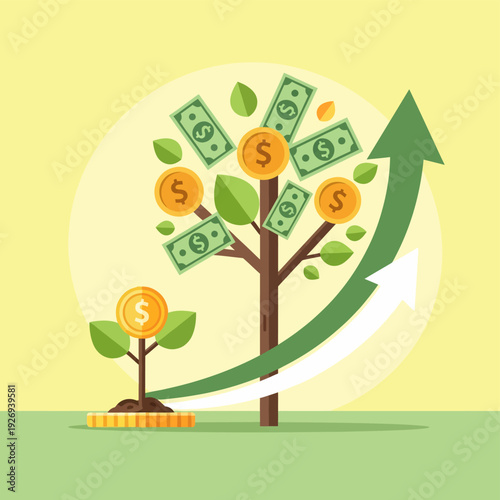 Growing money tree with dollars and coins, financial growth concept