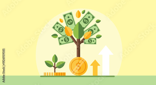 Illustration of money tree and growing investments with arrows