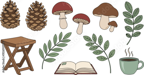 Autumn Nature and Cozy Elements Collection on White Background Vector