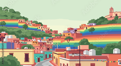 colorful hillside village with rainbow terraced fields hand drawn digital illustration