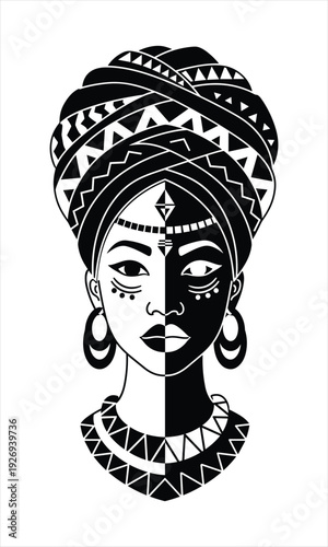 Elegant black and white portrait of a woman wearing a traditional african headwrap and jewelry