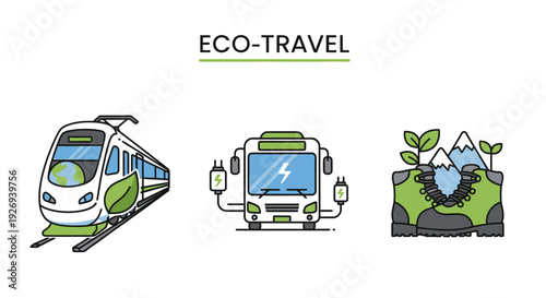 Title: Eco travel concept illustration with electric vehicle and green elements representing sustainable transportation, low emission mobility, smart tourism, environmental travel choices and clean fu