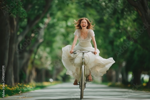 Joyful Bride Riding Bicycle Through Park