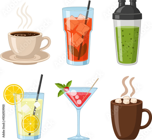 Assortment of Various Refreshing and Hot Drinks Vector Illustration