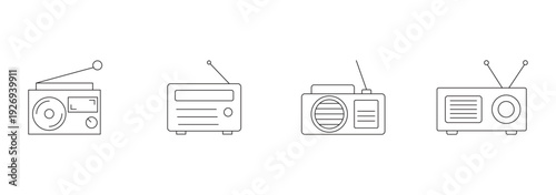 Vintage Portable Radio Line Set Wireless Transistor Receiver Classic Broadcast Device Audio Equipment Minimal Outline Vector Pack