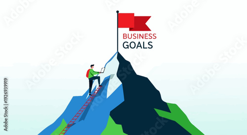 Title: Business goals achievement concept illustration with climber reaching flag on mountain peak, symbolizing ambition, leadership vision, success journey, motivation, strategic planning and profess