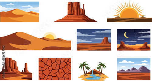Desert and Arid Landscape Scenes Collection Vector Illustration