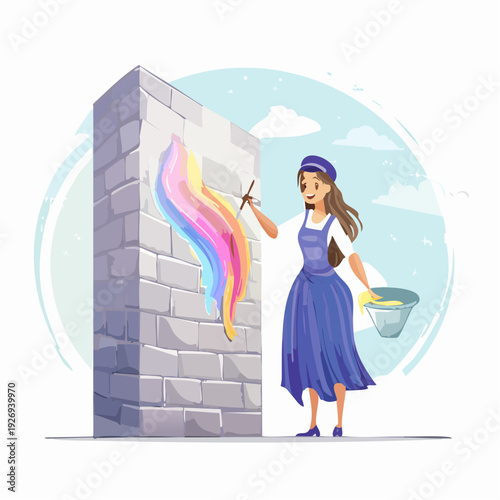 Creative female artist painting a vibrant rainbow on a grey brick wall, bringing color to life
