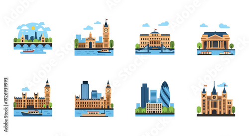 set of famous london landmarks and cityscape flat vector illustrations