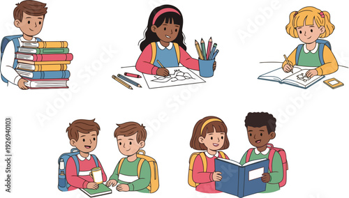 Diverse children studying, reading, and drawing cartoon illustrations
