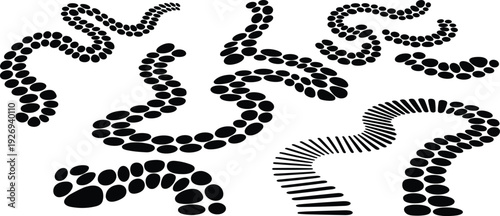 Curvy stone path silhouette set, decorative garden walkway trail collection, landscape design elements for park and outdoor paving isolated on white