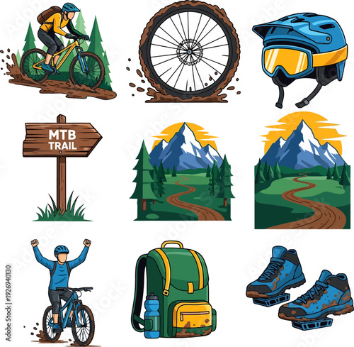 Mountain Biking Adventure Vector Set: Gear, Trails, and Rider Illustrations