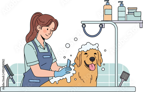 Woman washing happy golden retriever dog at pet grooming salon