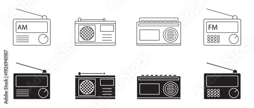 Radio icon, radio vector thin line icon, restroradio icons vector logo template, radio icon silhouette, fm icons vector, vintage radio icon, Old retro Receiver waves, fm icons simple vector design.
