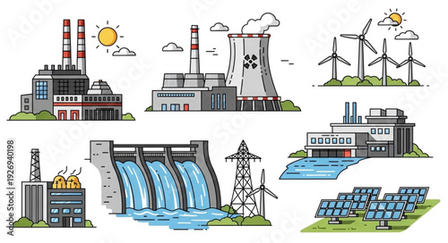 Diverse Energy Sources Depicted - Power Plants, Wind Turbines, Solar Panels, and Dams.