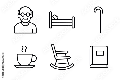 collection of hand drawn senior man bed walking cane coffee cup rocking chair and book icons