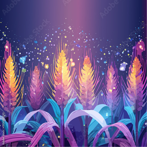 Magical glowing wheat field at night with sparkling lights in a dreamlike atmosphere