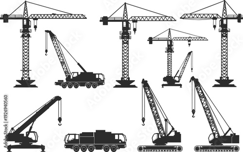 Construction crane and heavy machinery silhouette vector set, tower cranes mobile truck cranes and crawler equipment isolated on white background