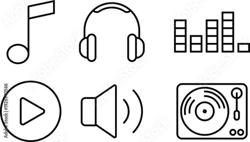 Music and Audio Icon Set․ Minimalist Black and White Line Art Featuring Musical Note, Headphones, Sound Equalizer, Play Button, Speaker Volume, and Vintage Vinyl Record Player Turntable Illustrations