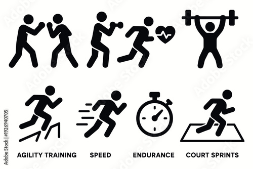 black hand drawn fitness and training icon set for agility speed endurance and court sprints