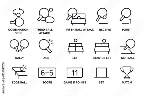table tennis icon set with hand drawn style showing game actions and scoring elements