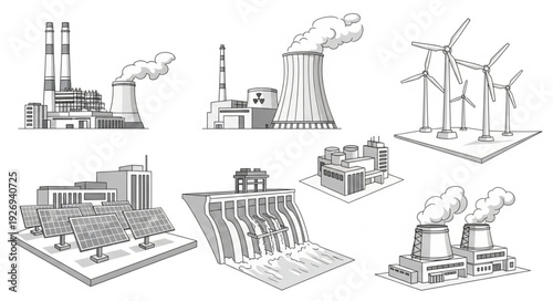 Various power plants and energy production facilities depicted in detailed illustration.