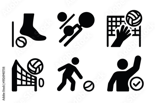 black volleyball sport icons set in solid silhouette style for game and training illustrations