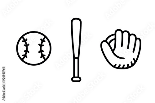baseball ball bat and glove set hand drawn outline sports equipment icons