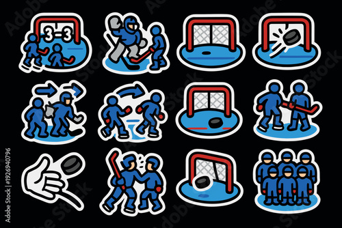 set of hand drawn ice hockey icons with players goalie sticks puck and goal in cartoon style