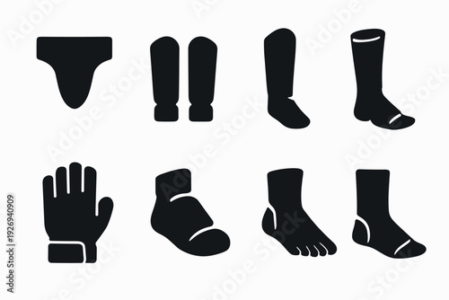 hand drawn black silhouette icons of various foot and hand protective wear and accessories set