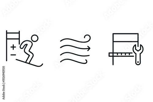 set of three black line icons of ski jump athlete wind direction and caliper with wrench tool in minimalist style