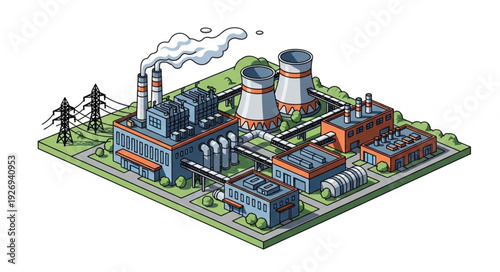 Detailed illustration of a nuclear power plant generating electricity for the community.