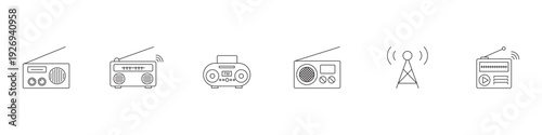 Wireless FM Radio Receiver Collection Line Style Vector Pack for Media, Broadcasting and Communication