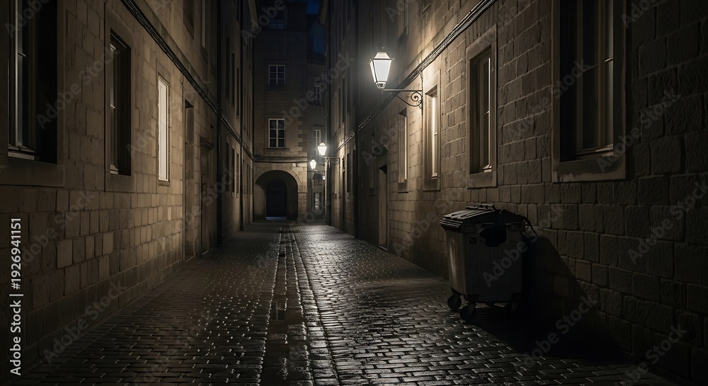 Fototapeta premium Mysterious cobblestone alleyway at night with street lamps