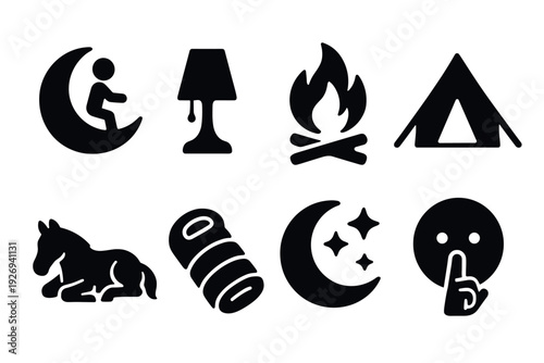 set of black silhouette camping and night time icons including moon person lamp fire tent horse sleeping bag and silence symbol