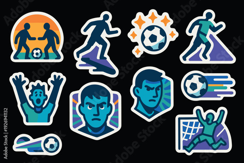 set of soccer stickers with players kicking ball running and celebrating in hand drawn colorful style