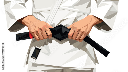 hands tying black belt martial arts gi uniform in low poly style vector illustration
