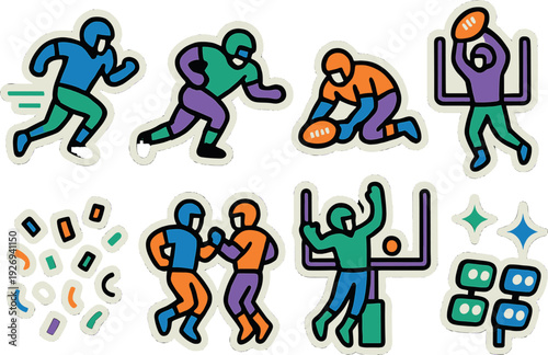 american football players hand drawn icons set with field goal and confetti elements