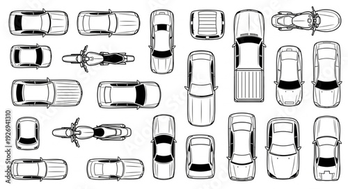 Overhead view of various vehicles, including cars and motorcycles, in a detailed illustration.