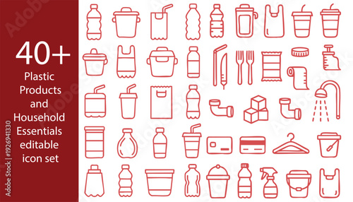 40+ Plastic Household Products and Daily Essentials Line Icon Set