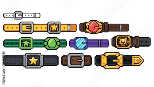 collection of colorful pixel art belts with various buckles and designs set for game design and illustration