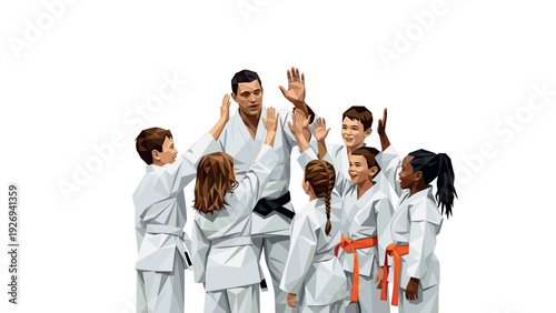 karate instructor giving high fives to kids in hand drawn geometric style martial arts class
