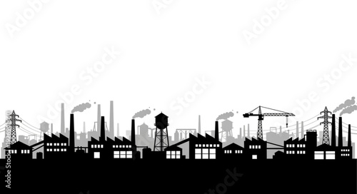 Silhouette of an industrial cityscape with factories and smokestacks against a white sky.