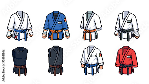 set of martial arts uniforms and gis in hand drawn style for judo karate and sambo training
