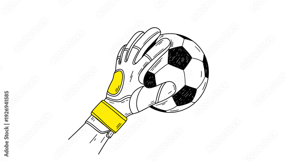 Fototapeta premium hand drawn soccer goalkeeper glove catching a ball line art illustration